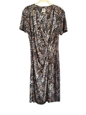 Anne Klein Faux Wrap Dress Belted Short Sleeve Printed Black Tan Gold Size 10